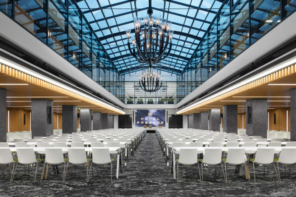 A conference room in the passage hotel with theater-style meeting arrangements