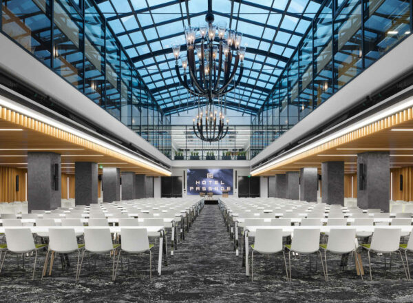 A conference room in the passage hotel with theater-style meeting arrangements