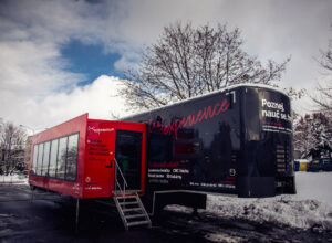 FabLab truck photographed in winter in the snow