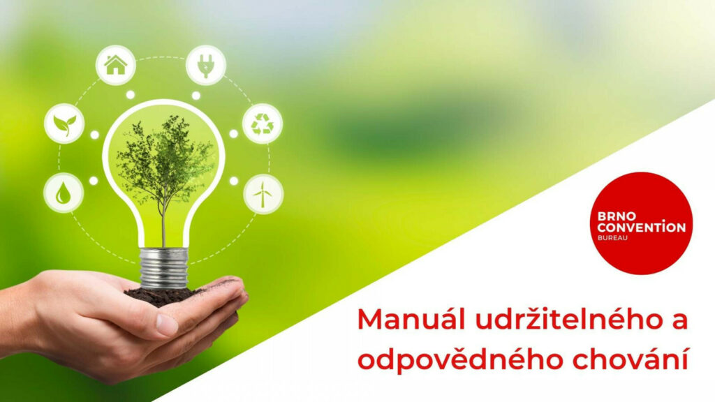 Plakat k manualu udrzitelneho a odpovedneho chovani se zarovkou a logem Brno convention bureau